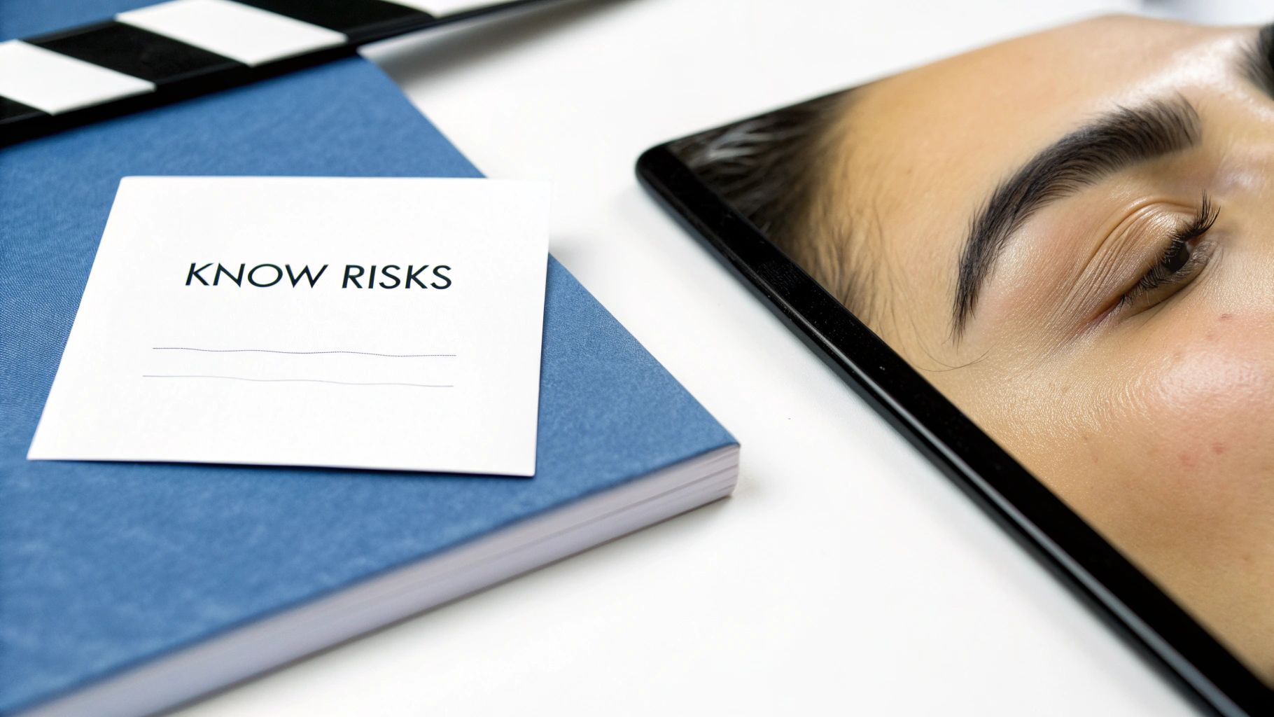 A bottle of Latisse with its applicator brush resting beside it on a clean, white surface