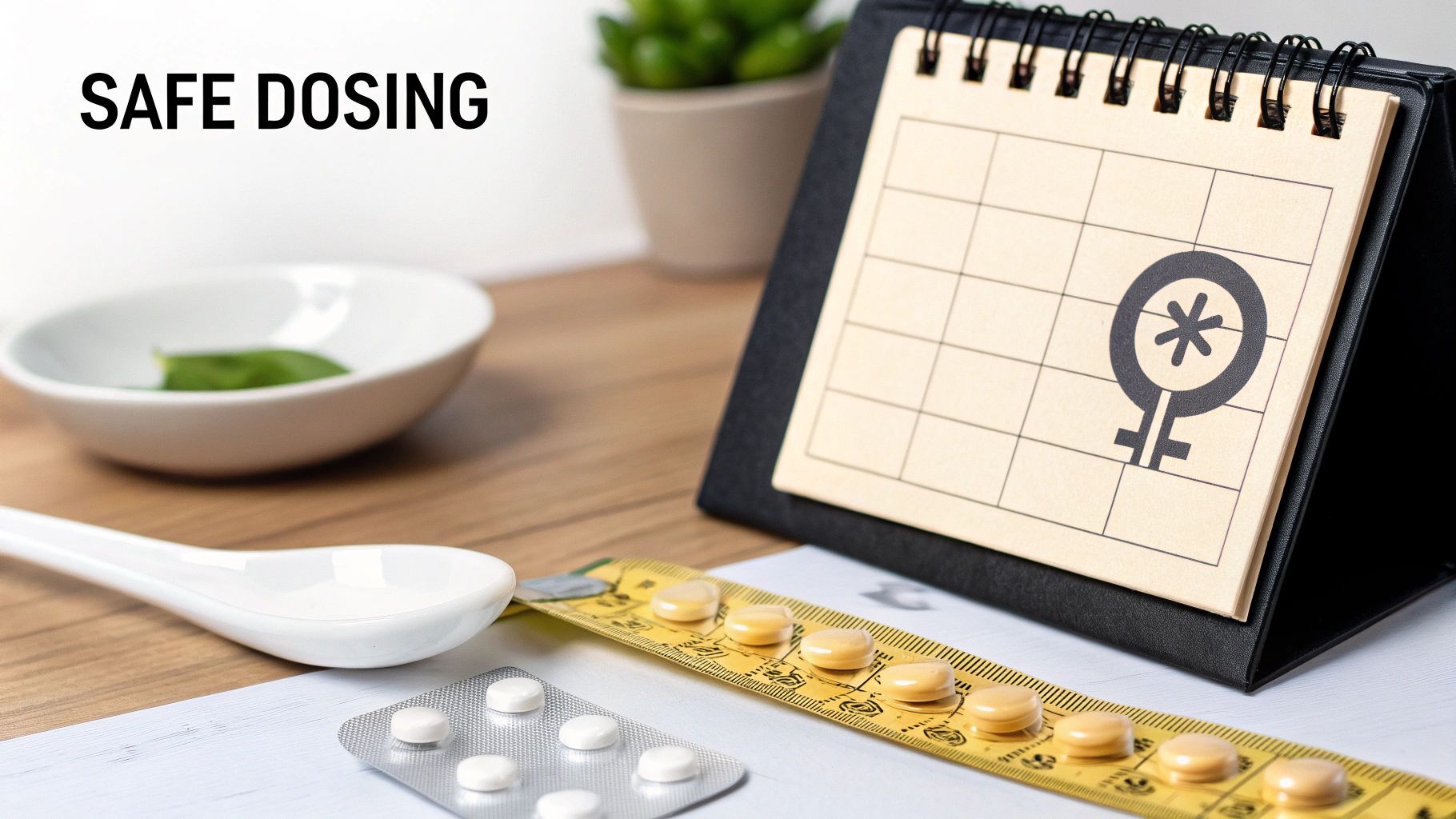 Birth control pills and calendar with female symbol representing safe medication dosing schedule