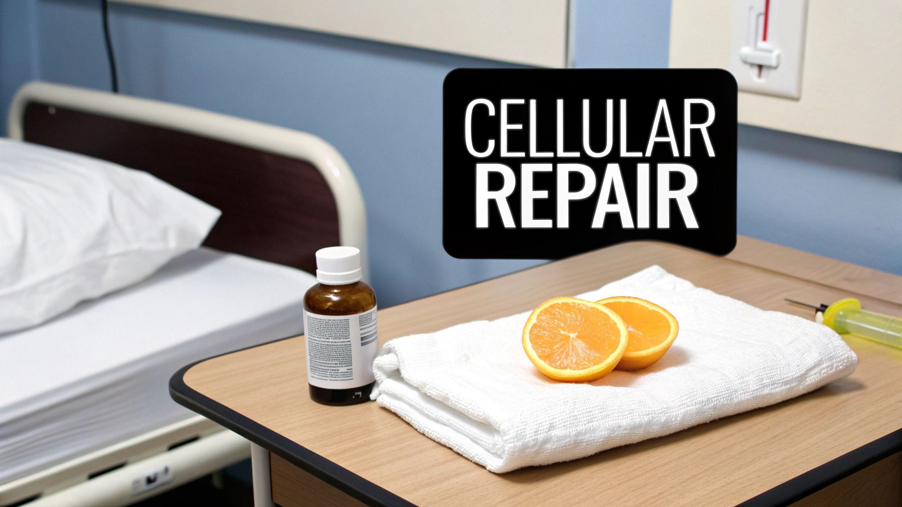 Cellular repair sign with orange slices, medicine bottle, and medical supplies on bedside table