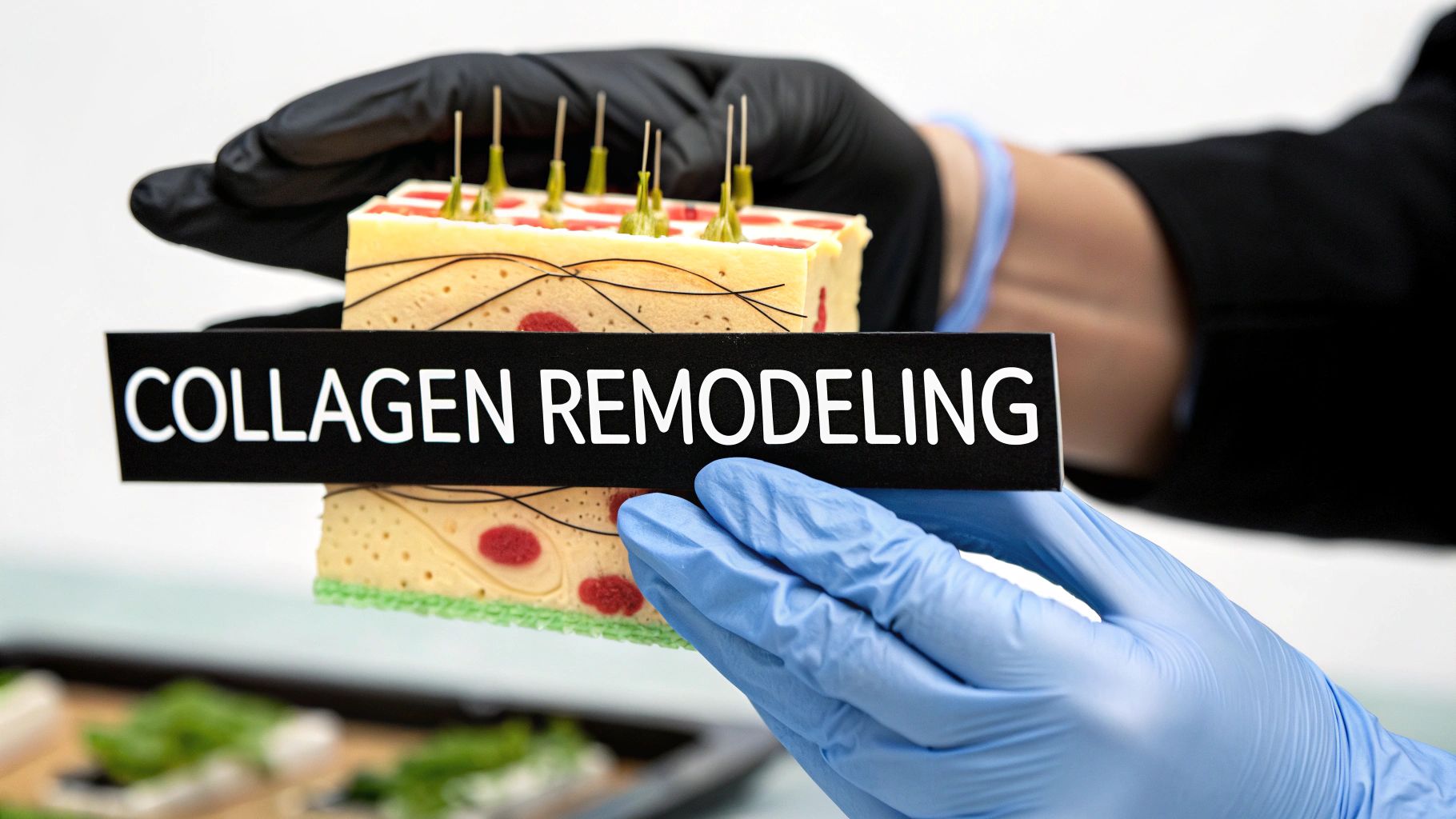 Medical professional holding anatomical skin model demonstrating collagen remodeling process with microneedles for Morpheus8 treatment