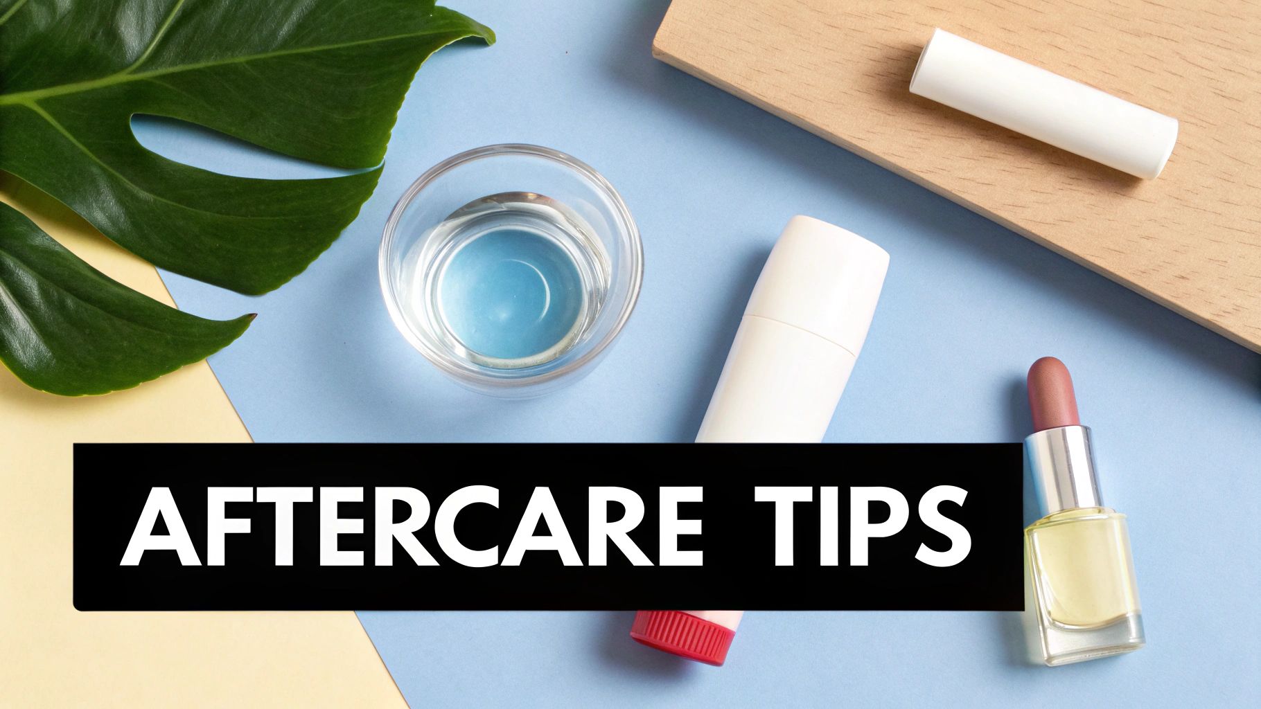 Aftercare tips flatlay with cosmetic products, lipstick, moisturizer bottles, and tropical leaf on pastel background