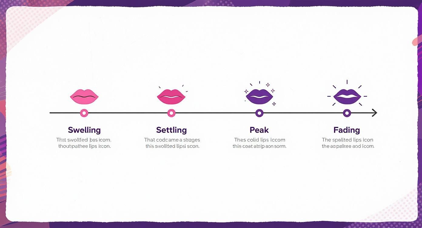 Timeline infographic showing four stages of lip filler duration from swelling to fading