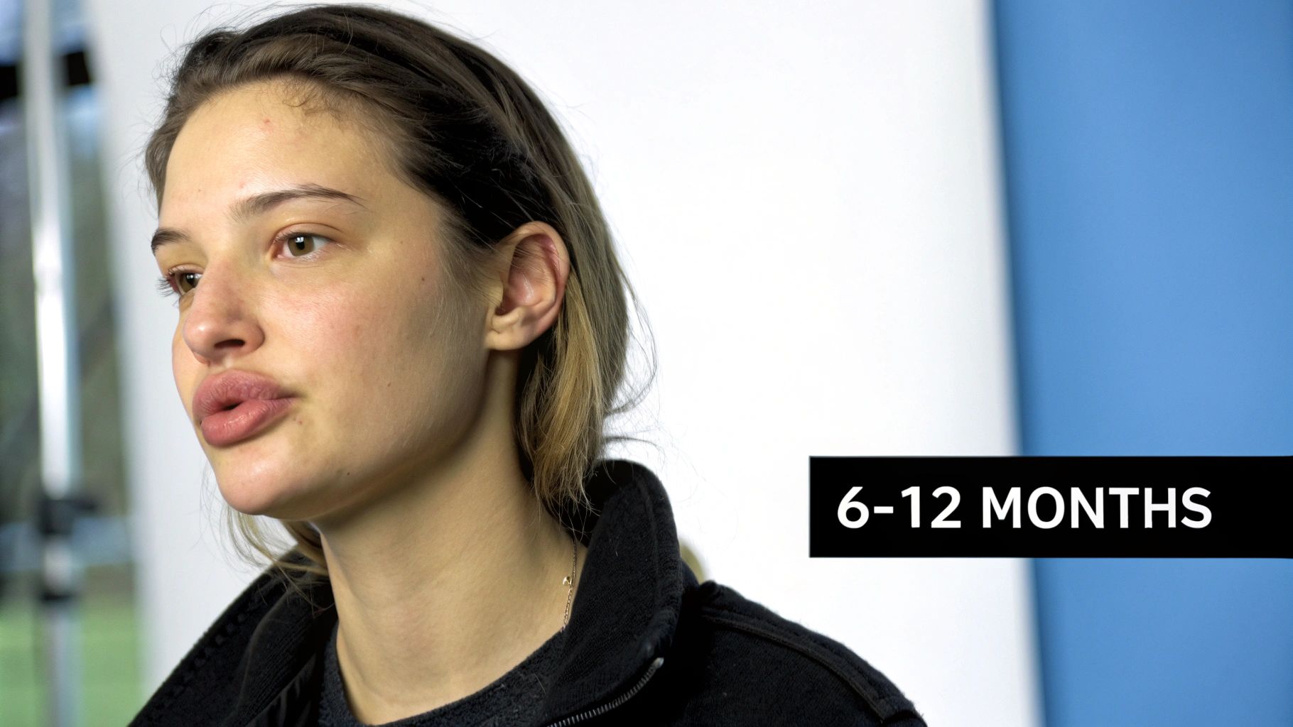 Woman showing lip filler results at six to twelve months after treatment procedure