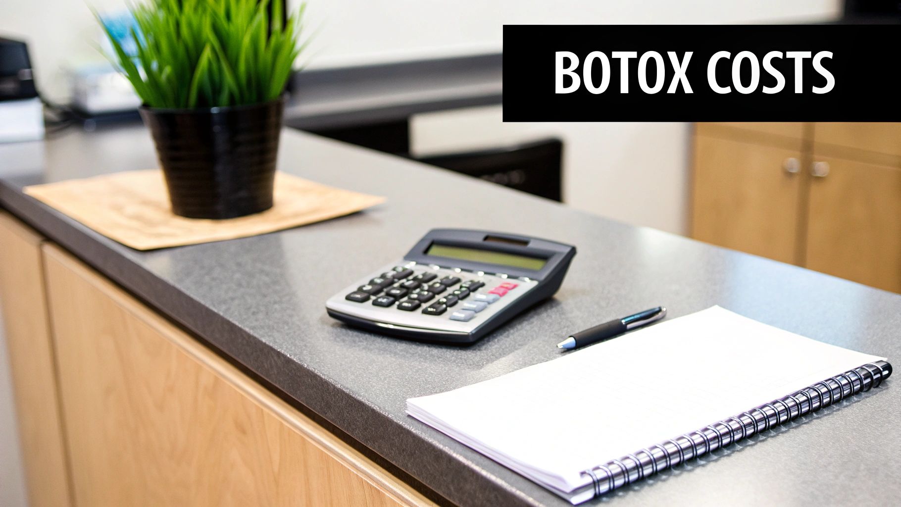 Calculator, notebook, and pen on desk for calculating Botox treatment costs and budgeting