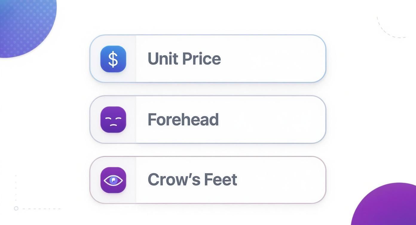 Three buttons showing Botox treatment areas: Unit Price with dollar icon, Forehead, and Crow's Feet with eye icon