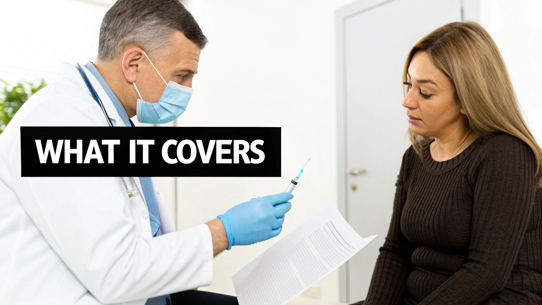 Doctor in white coat explaining medical coverage and treatment details to female patient
