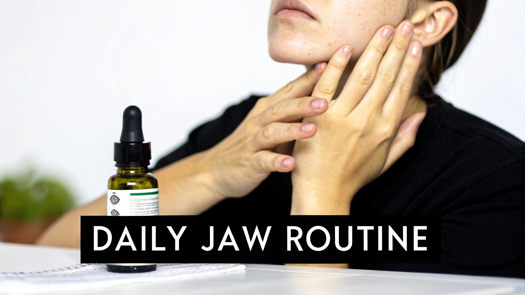 Woman applying facial oil serum while massaging jawline for daily jaw routine skincare treatment