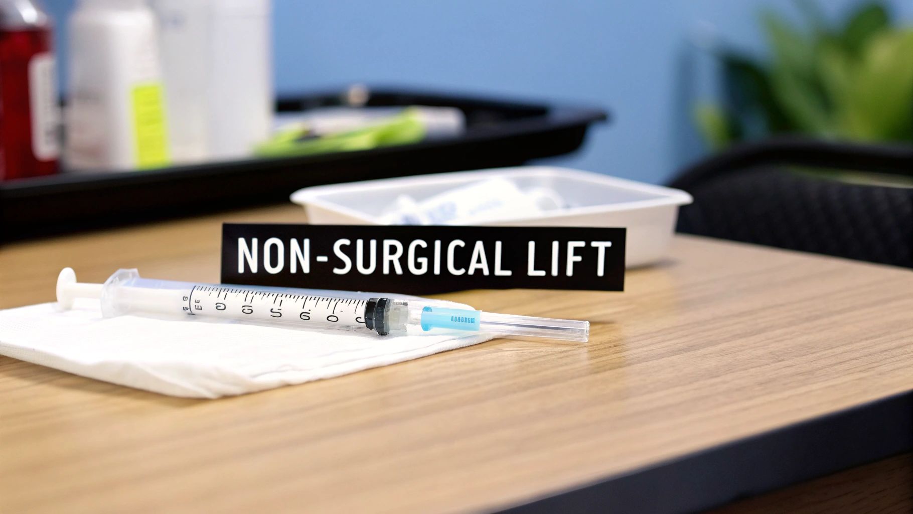 Medical syringe and supplies on desk with non-surgical lift sign for cosmetic treatment