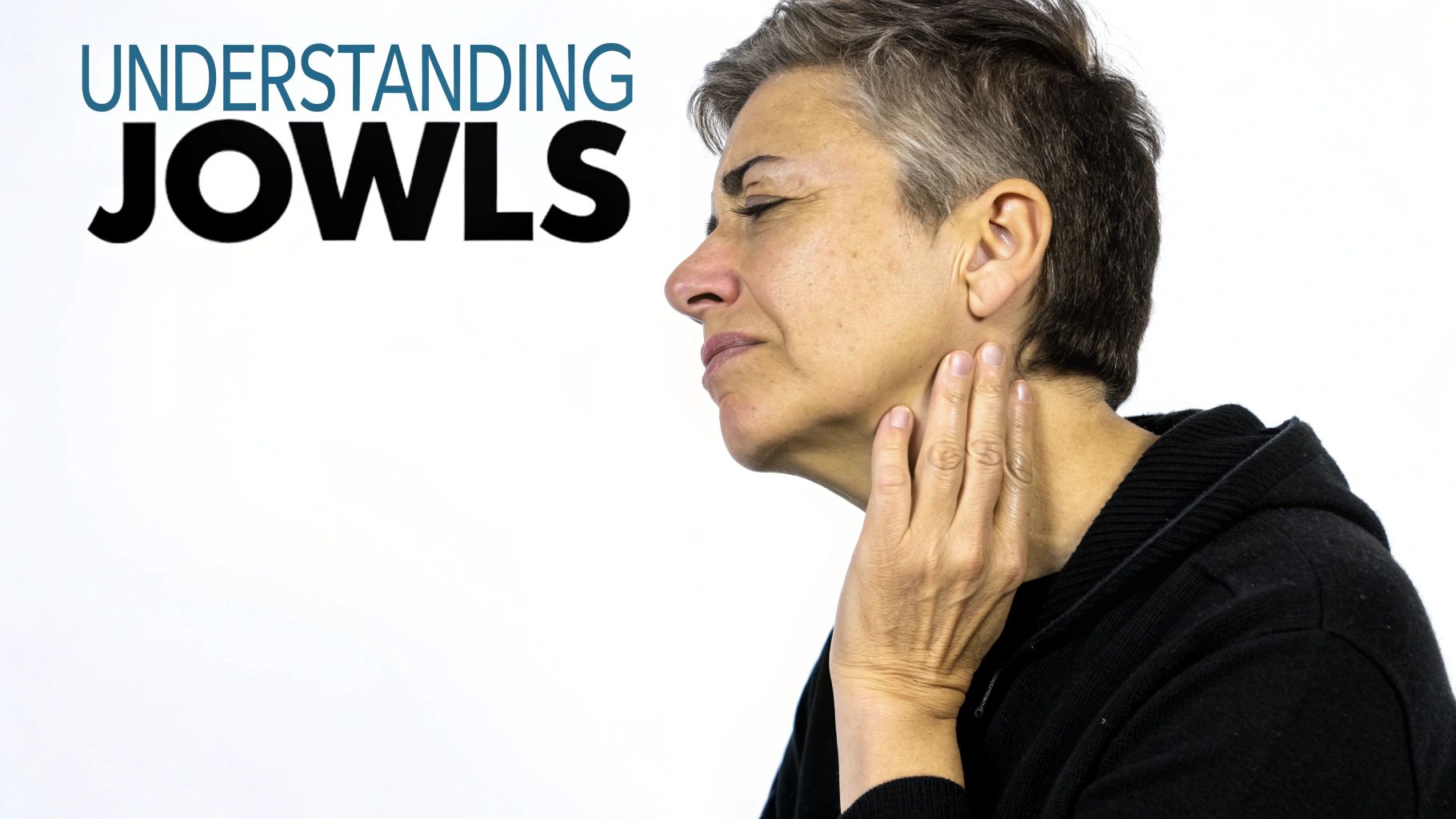 Middle-aged woman touching neck area showing jowls and sagging skin concern