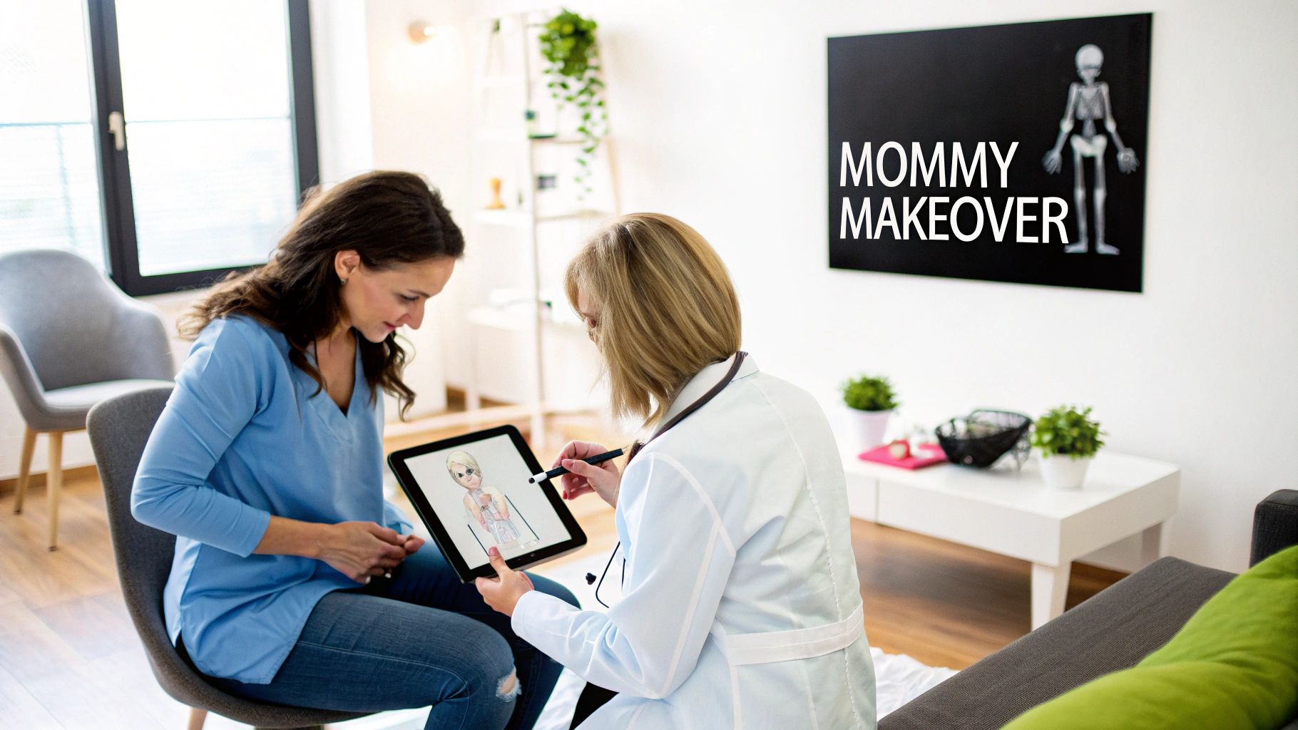 Doctor and patient discussing a 'Mommy Makeover' on a tablet in a modern clinic setting.
