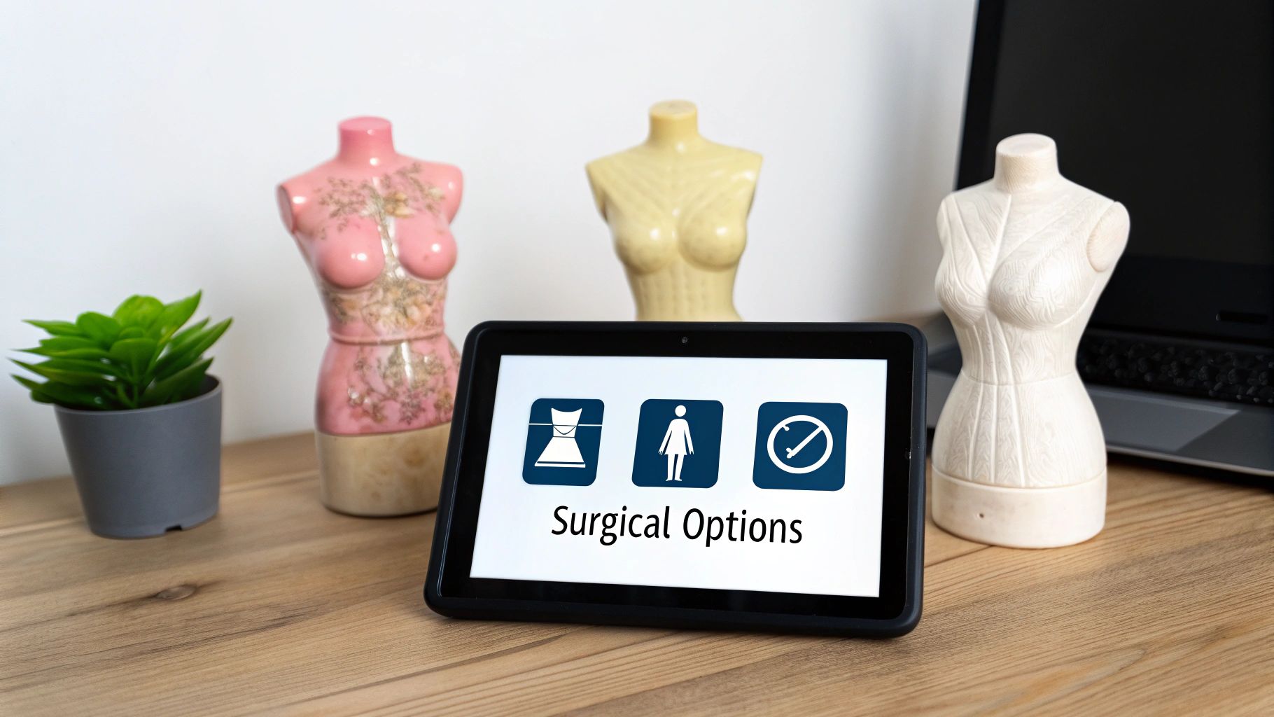 A tablet shows 'Surgical Options' with icons next to female torso mannequins on a wooden desk.