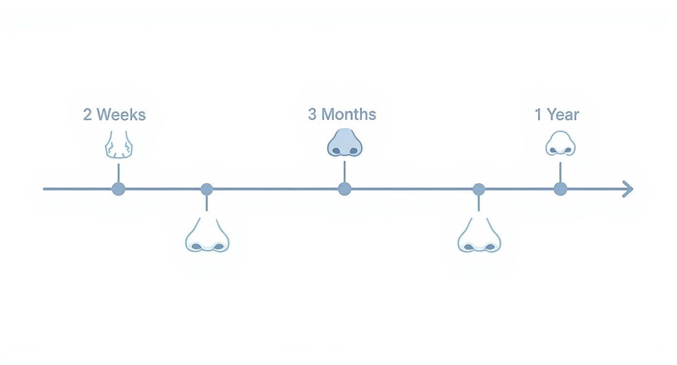 Timeline illustrating a nose's appearance and healing progression after rhinoplasty at 2 weeks, 3 months, and 1 year.