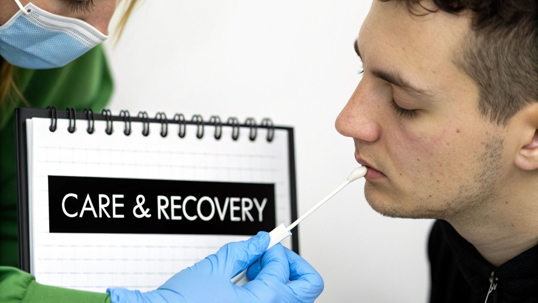 Medical professional in mask and gloves performs an oral swab test on a patient, with a 'CARE & RECOVERY' sign.