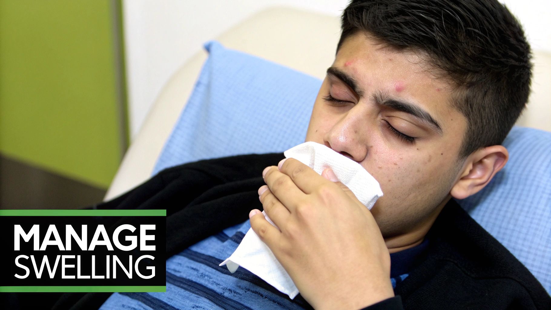 Young man resting with closed eyes, holding a tissue to his face, indicating recovery or care.