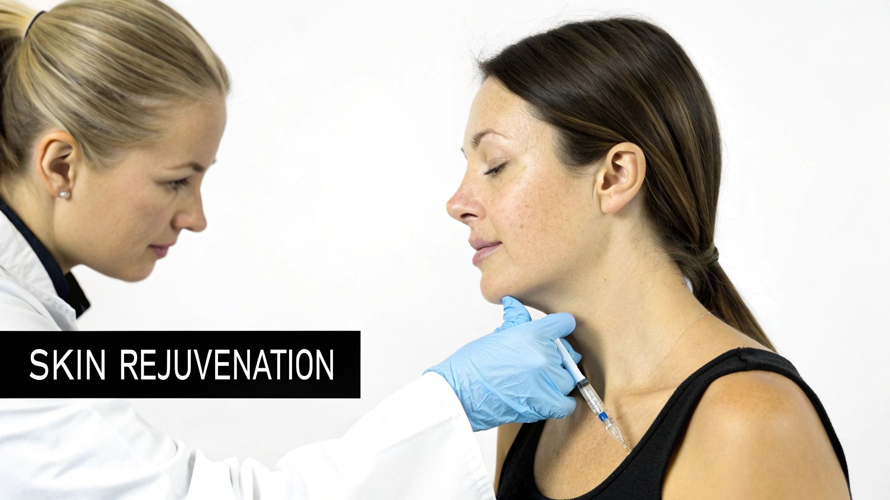A medical professional administering a skin rejuvenation injection to a woman's jawline area.
