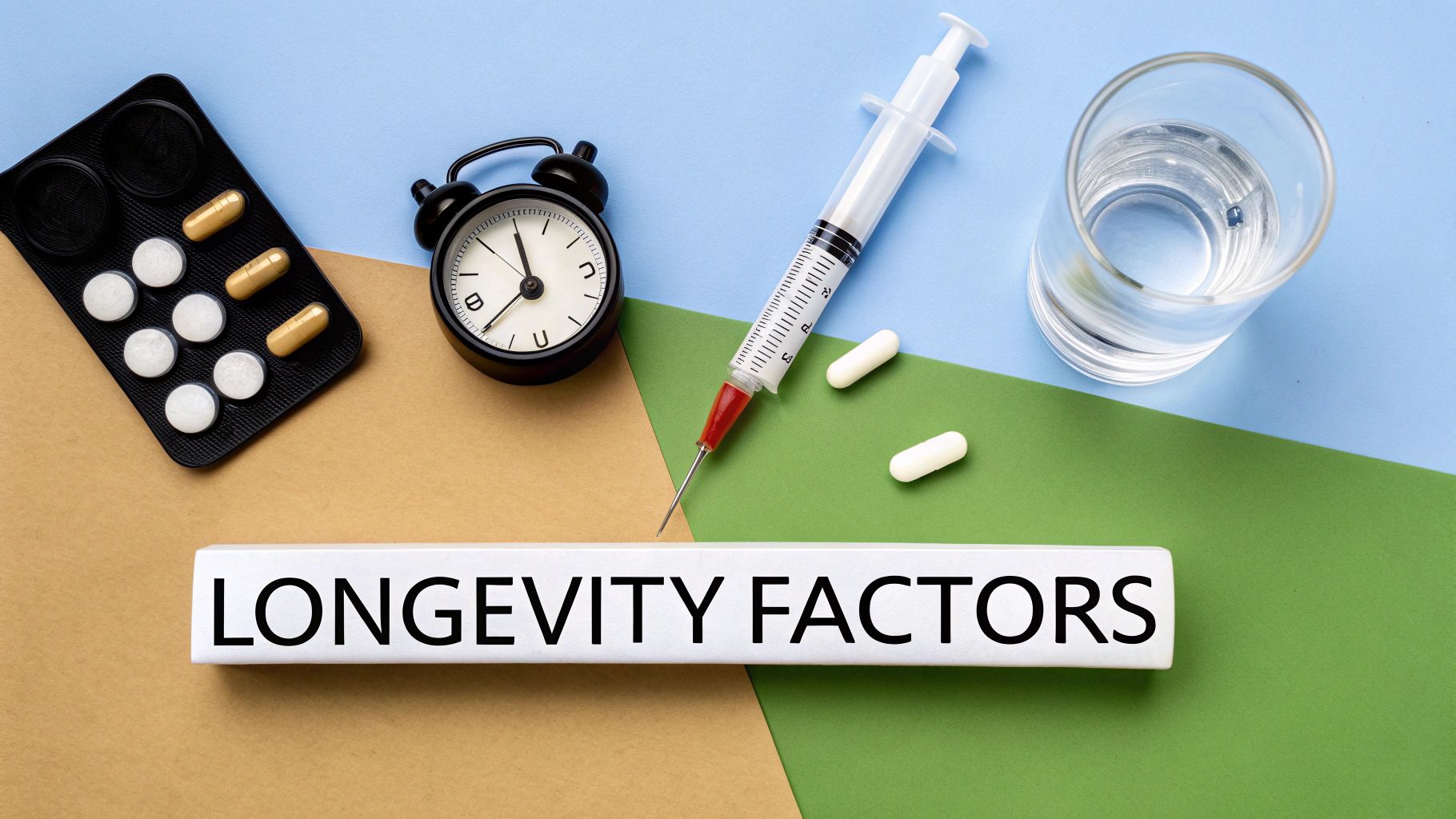 Conceptual image on longevity factors with pills, syringe, clock, water, and text on a multi-colored background.