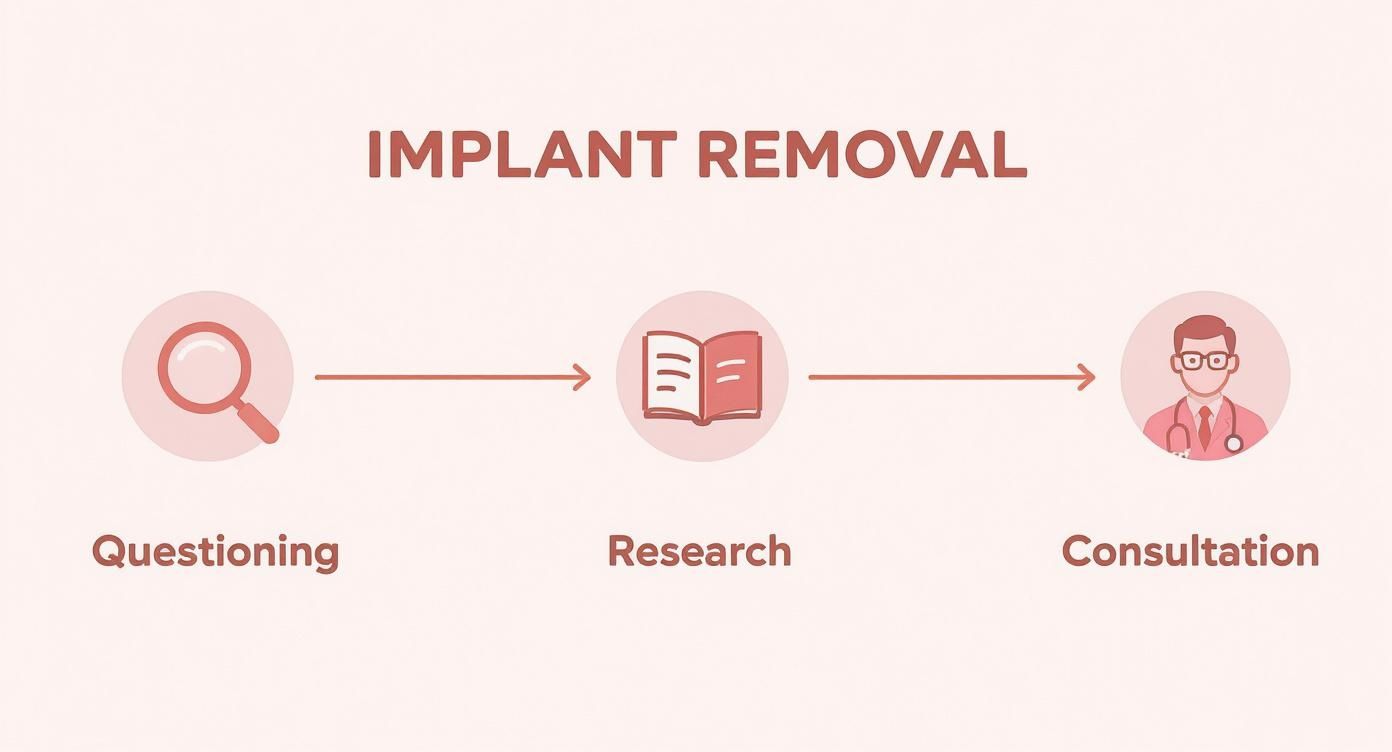 Diagram illustrating the three steps of implant removal: questioning, research, and consultation.