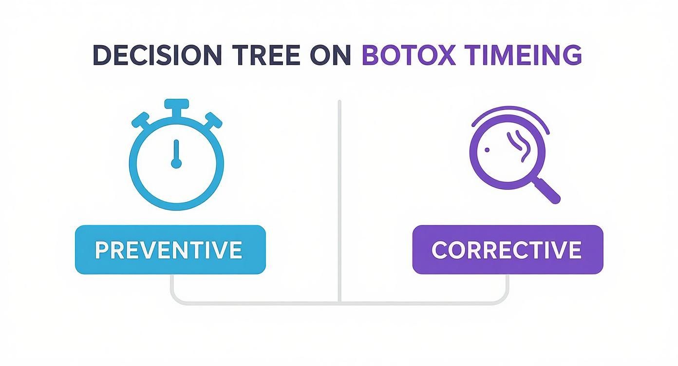 Decision tree illustrating Botox timing, showing two paths: preventive with a stopwatch and corrective with a magnifying glass.