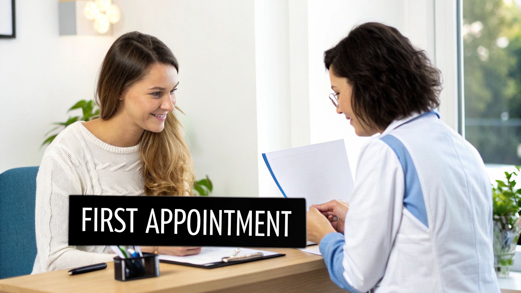 A smiling woman meets with a doctor for her first appointment in a bright medical office.
