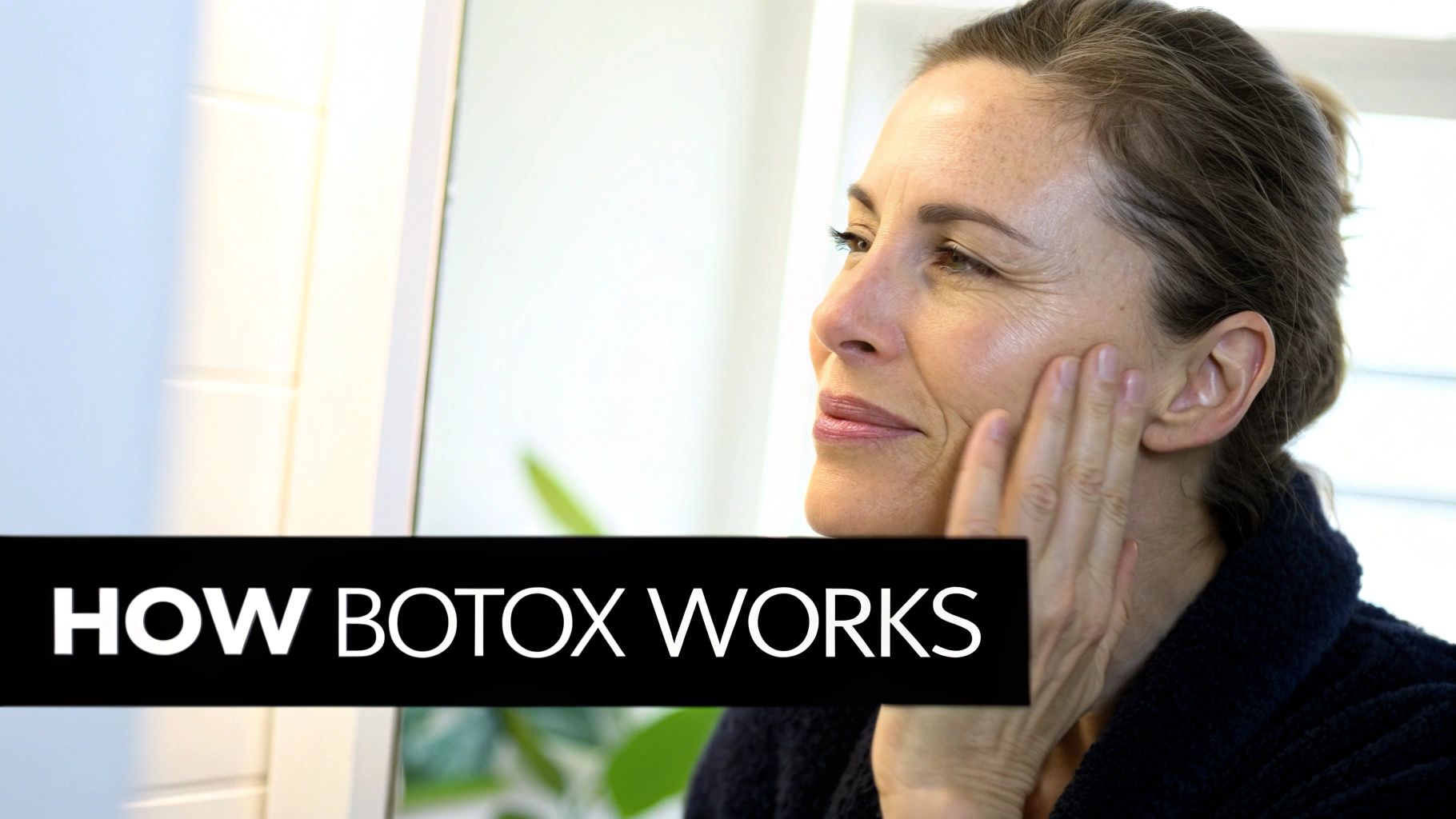 A mature woman touches her face, looking at her skin, with text 'HOW BOTOX WORKS' overlaid.