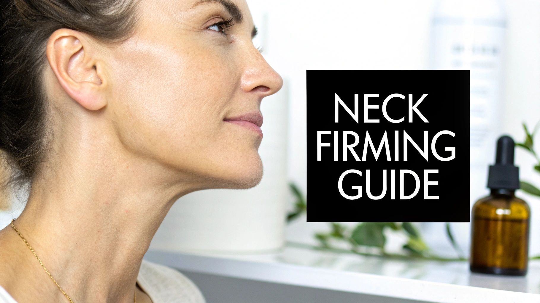 Profile view of a woman with a firm neck and jawline, next to a 'NECK FIRMING GUIDE' text box and serum.