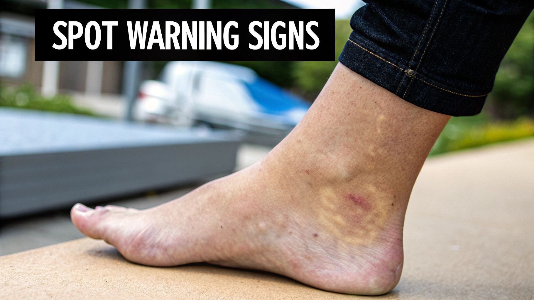 A close-up of a person's foot and ankle showing bruising and a small cut, with text "SPOT WARNING SIGNS".