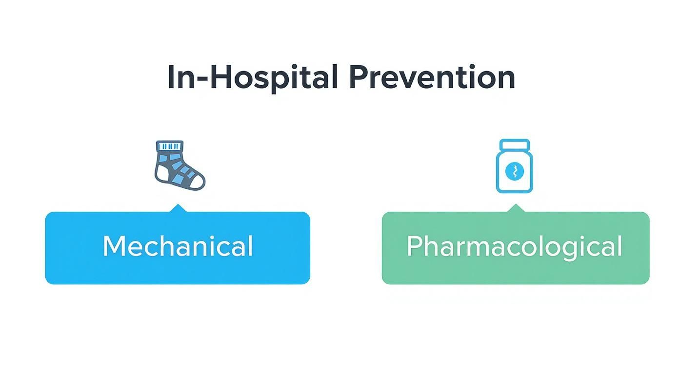 Infographic illustrating in-hospital prevention strategies: mechanical methods (sock icon) and pharmacological interventions (pill icon).