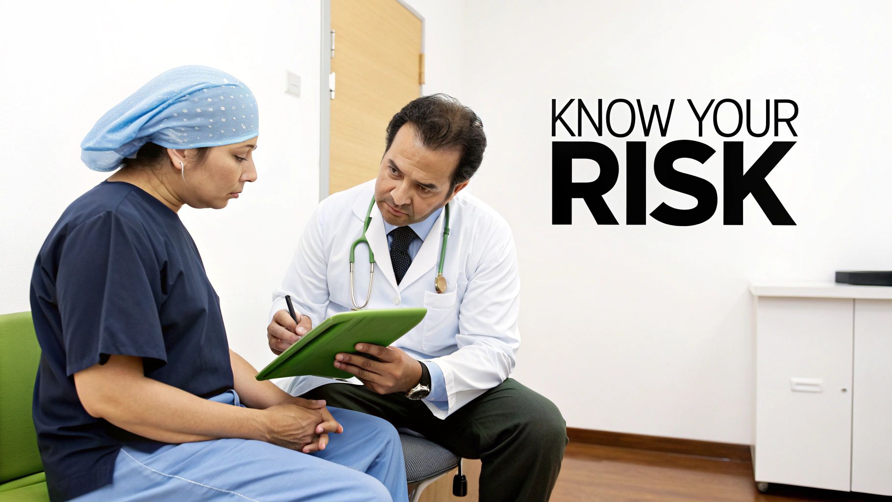 A male doctor in a white coat consults with a female patient in blue scrubs, with text 'KNOW YOUR RISK'.