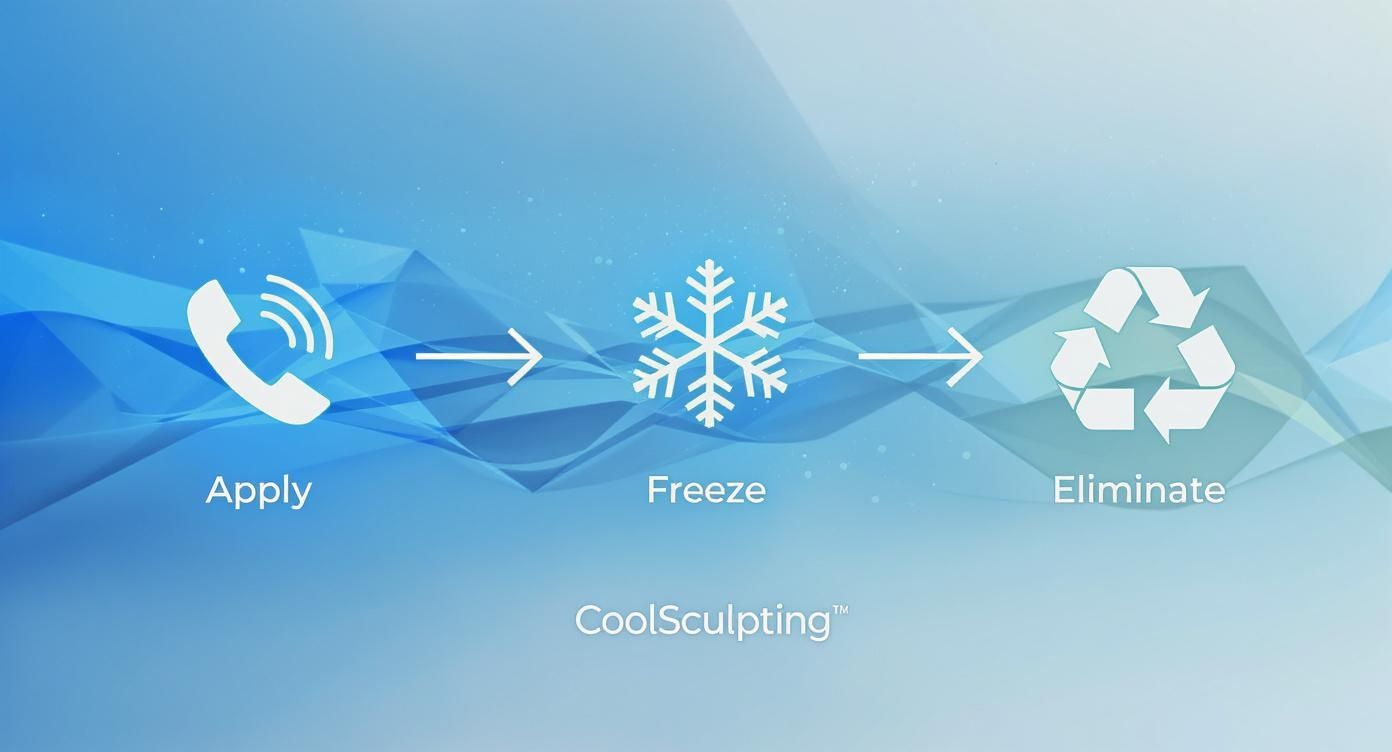 A diagram illustrating the CoolSculpting process: apply (phone), freeze (snowflake), and eliminate (recycle).