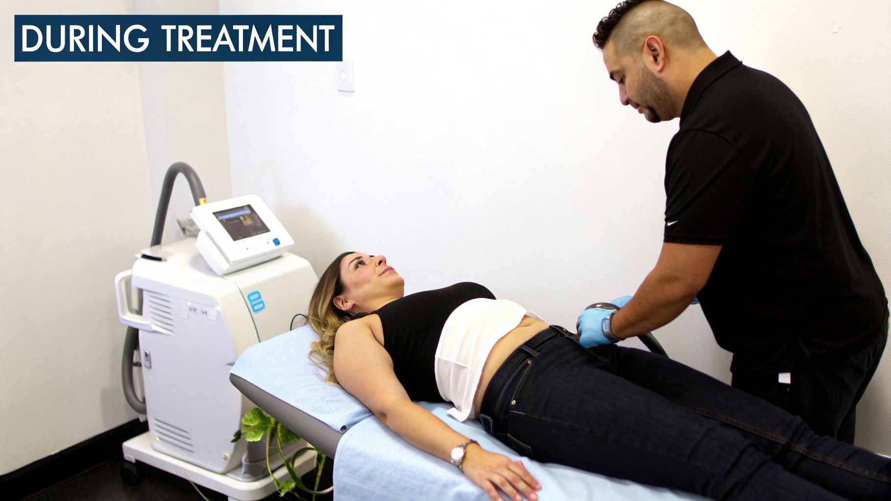 A man performs a body contouring treatment on a woman's abdomen with a device during a medical procedure.