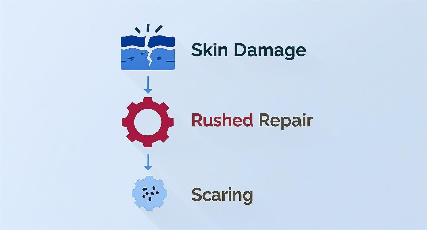 Diagram illustrating skin damage leading to rushed repair and resulting in scarring.