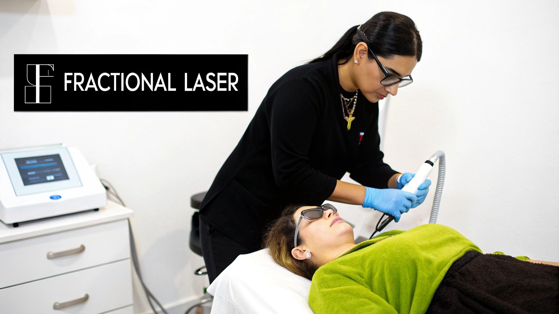 A patient receives fractional laser treatment for acne scars from a practitioner in a clinic.