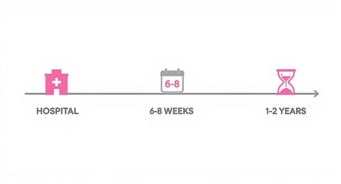 A visual timeline illustrating recovery stages: hospital stay, 6-8 weeks, and 1-2 years for full recovery.