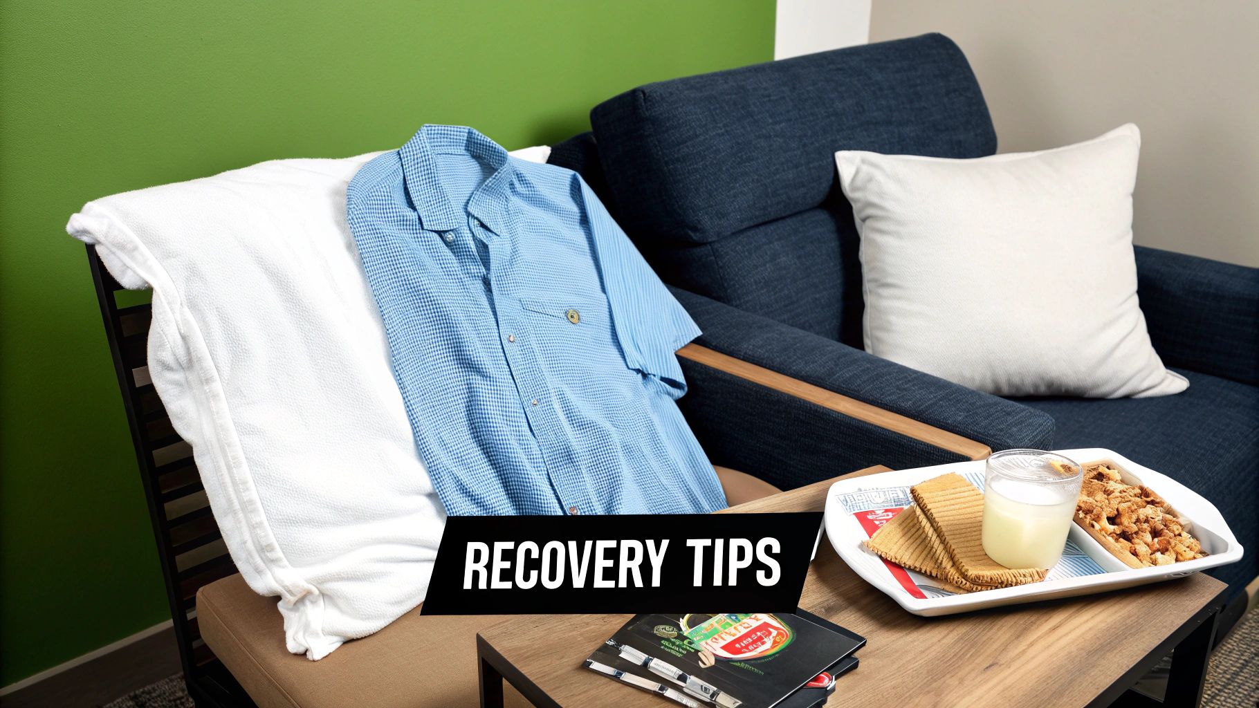 A comfortable recovery setting with a blue shirt, white towel, and a tray of snacks, illustrating recovery tips.