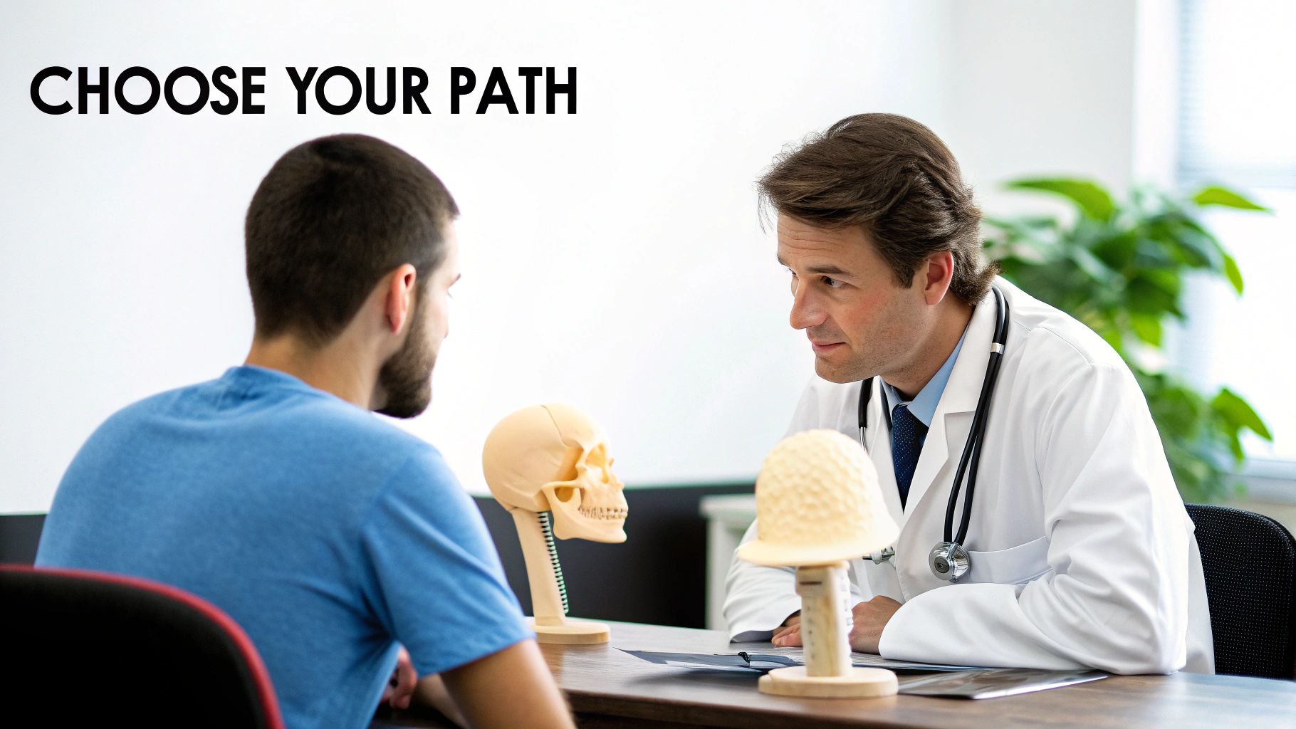 A doctor in a white coat discusses options with a patient, with anatomical skull models on the table and "CHOOSE YOUR PATH" text.