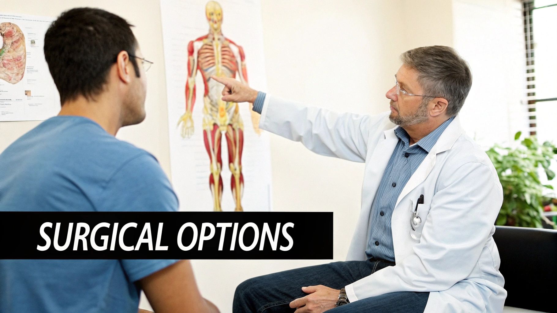 A doctor points to an anatomical chart while discussing surgical options with a patient.
