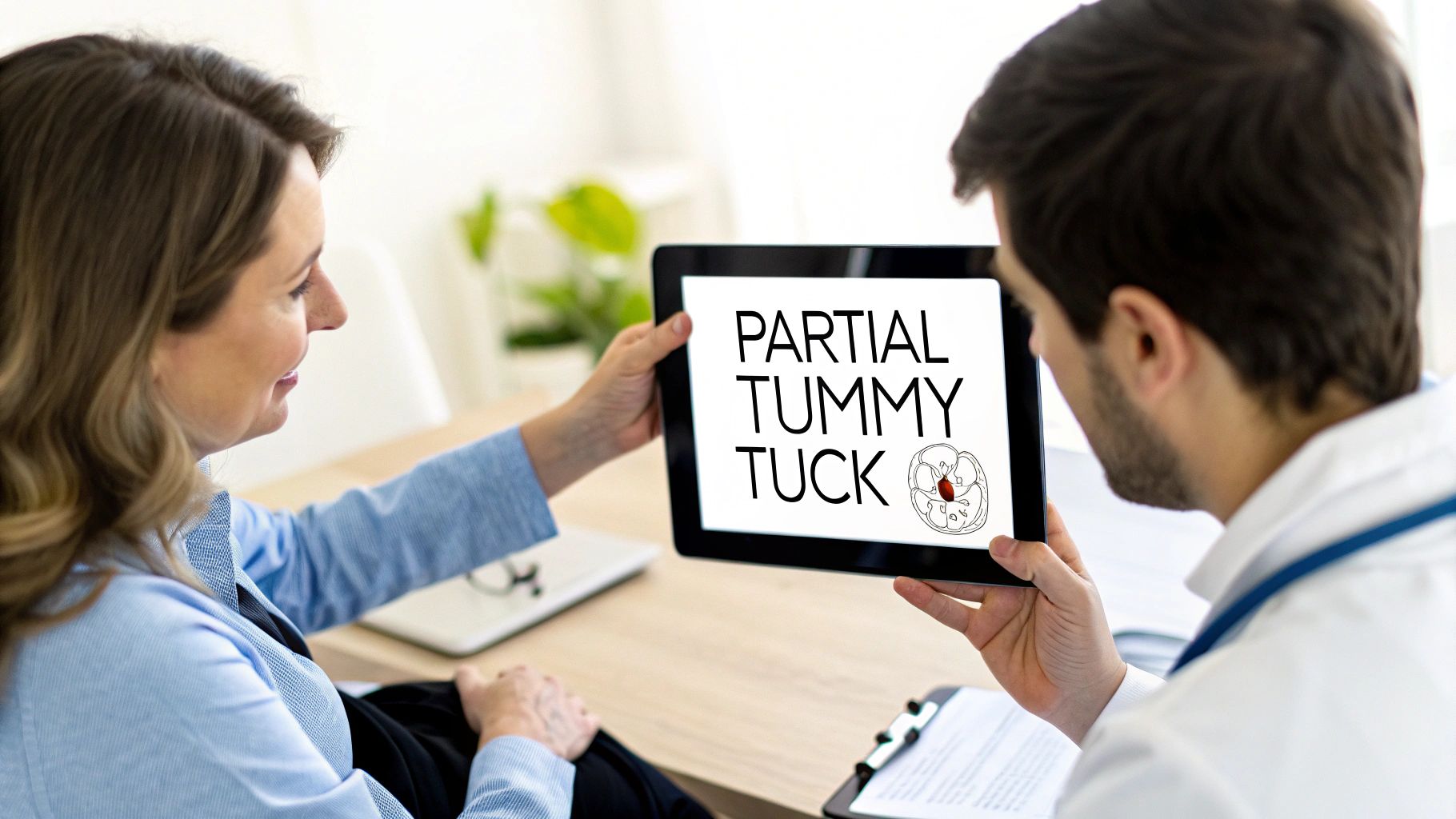 Doctor and patient discuss partial tummy tuck surgery, viewing information on a tablet.