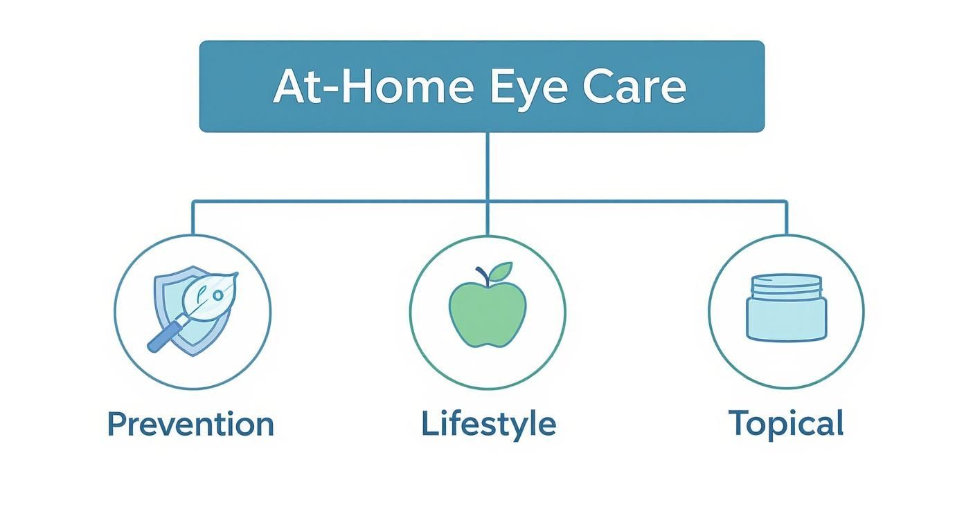 A diagram illustrating at-home eye care categories: Prevention, Lifestyle, and Topical, each with a representative icon.
