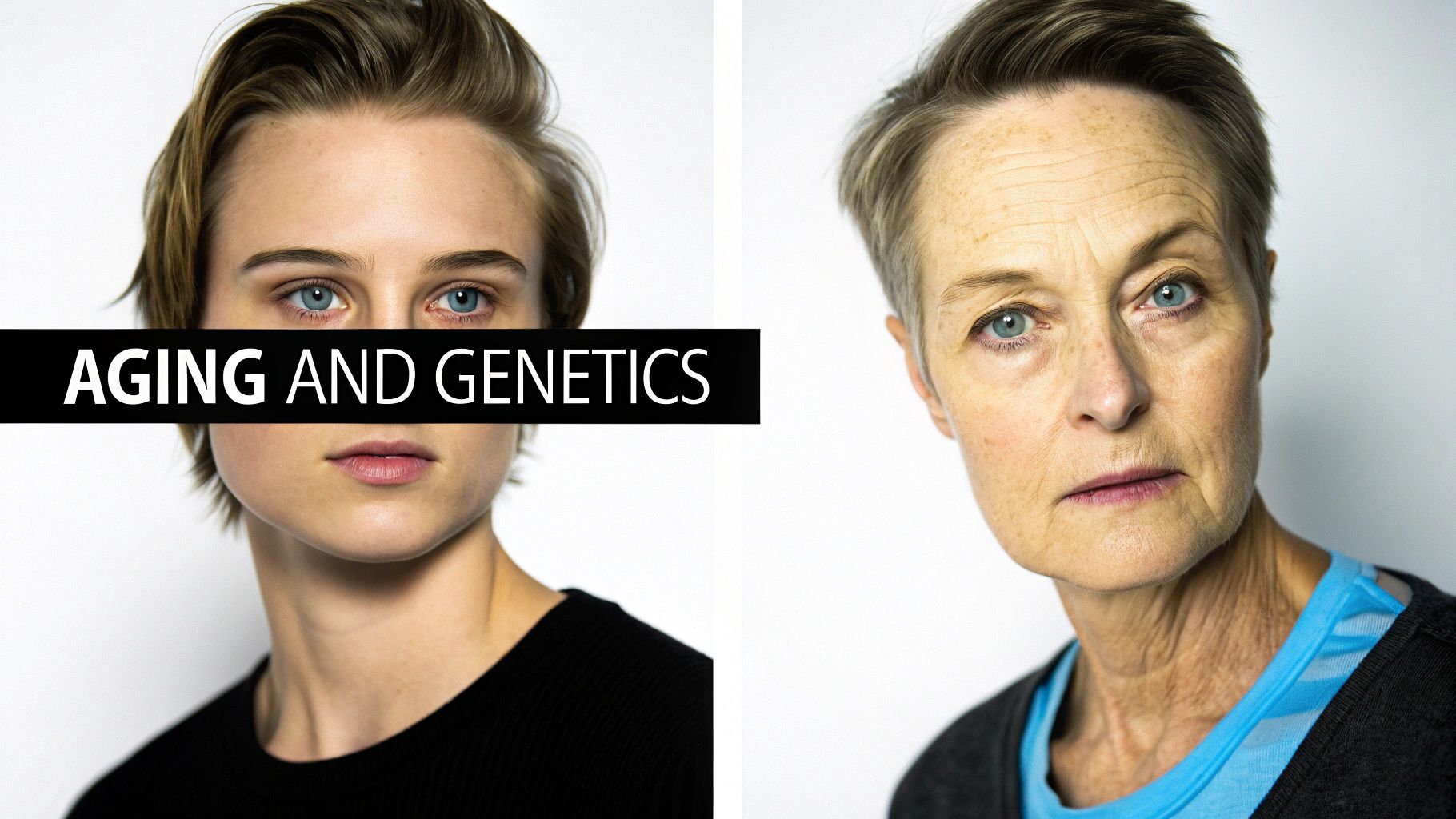 A split image shows a young person and an older person, both with blue eyes, representing aging and genetics.