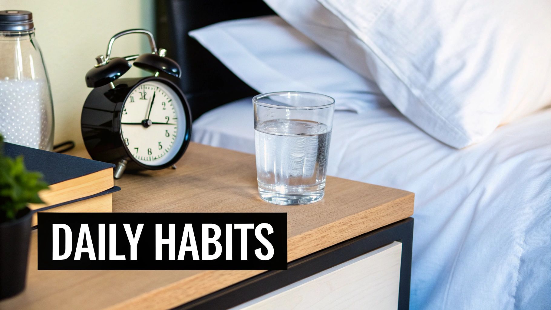 A bedside table with an alarm clock, glass of water, and books next to a white bed.