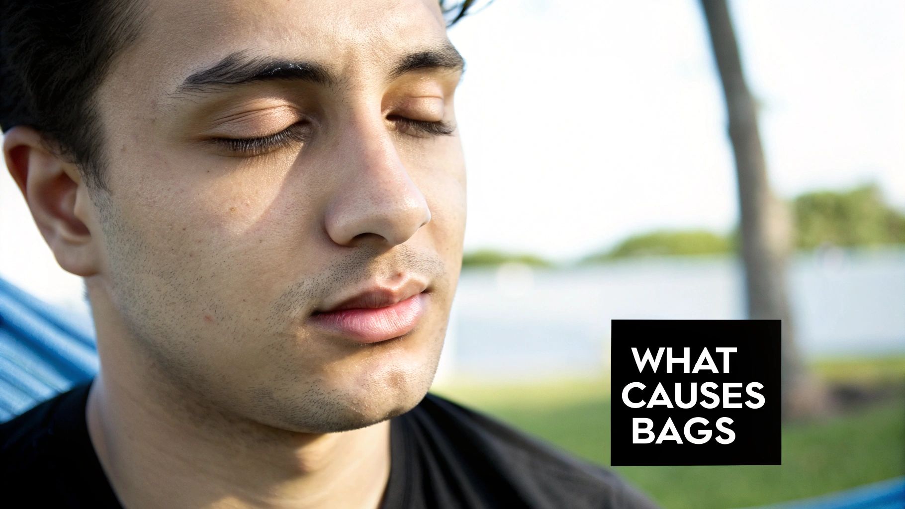 Close-up of a man with eyes closed, relaxing outdoors, with text overlay 'WHAT CAUSES BAGS'.