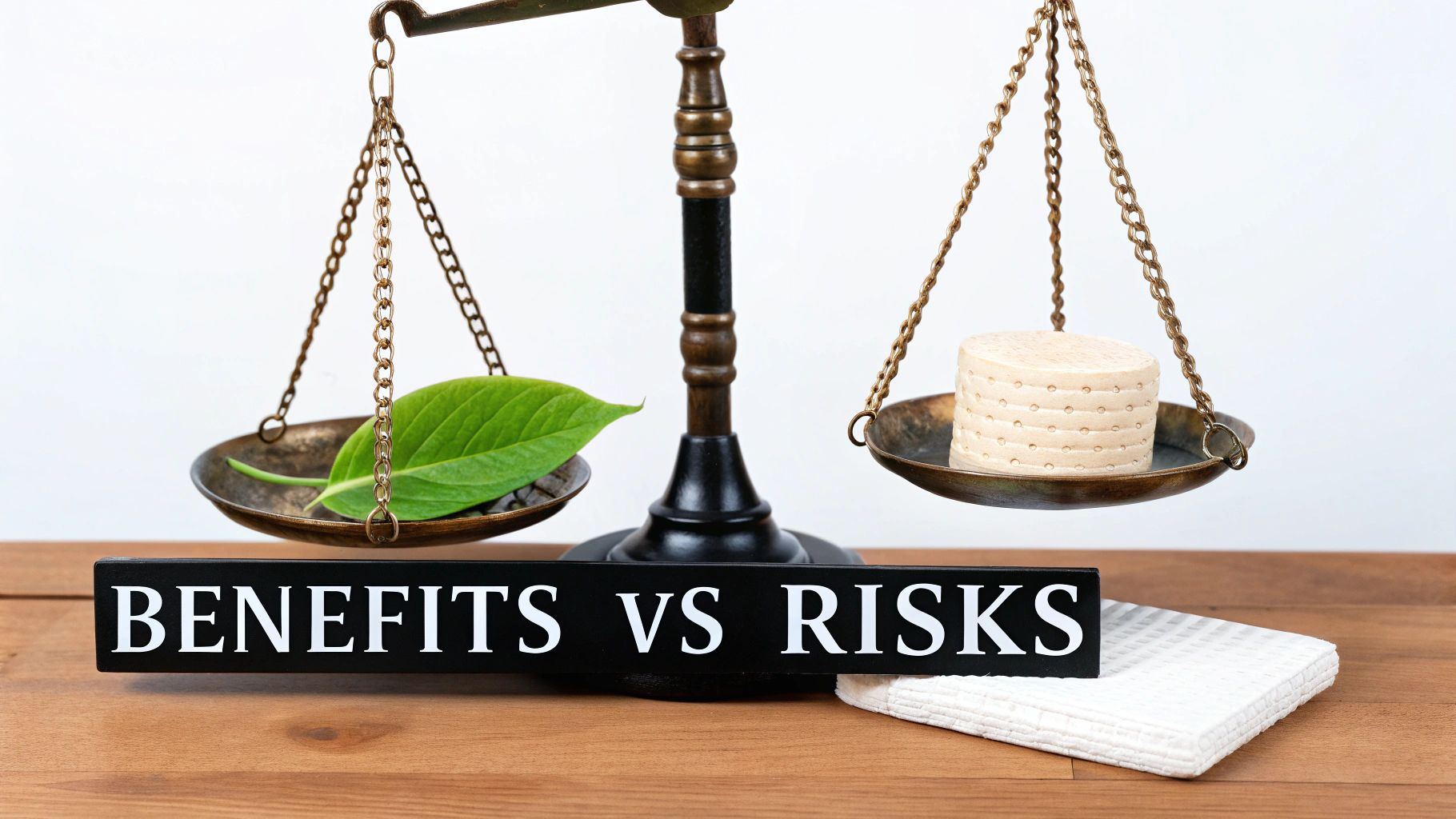 An antique scale balancing a green leaf against a round object, with 'BENEFITS VS RISKS' text below.