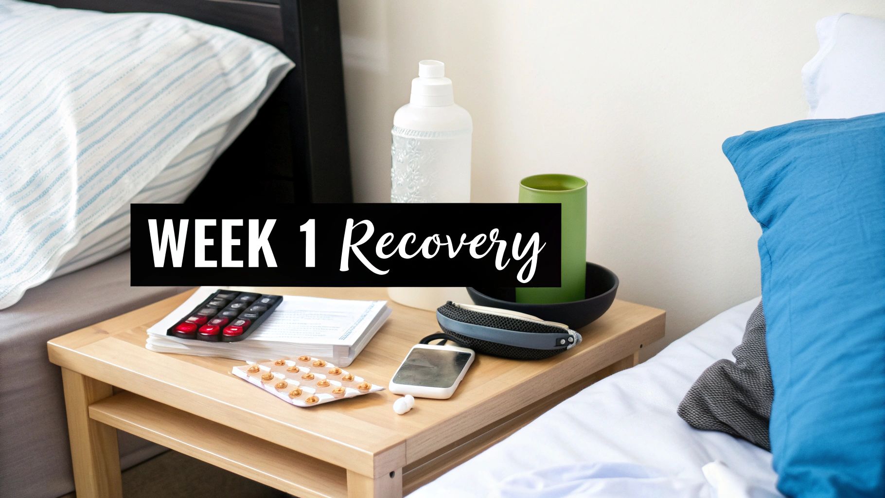 Bedside table with medication, water, and medical device for Week 1 post-surgery recovery.