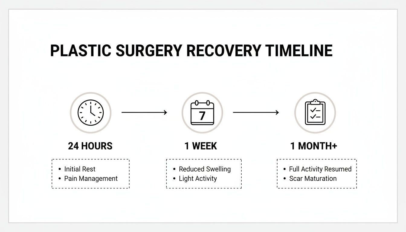 A plastic surgery recovery timeline showing key stages: 24 hours, 1 week, and 1 month+.