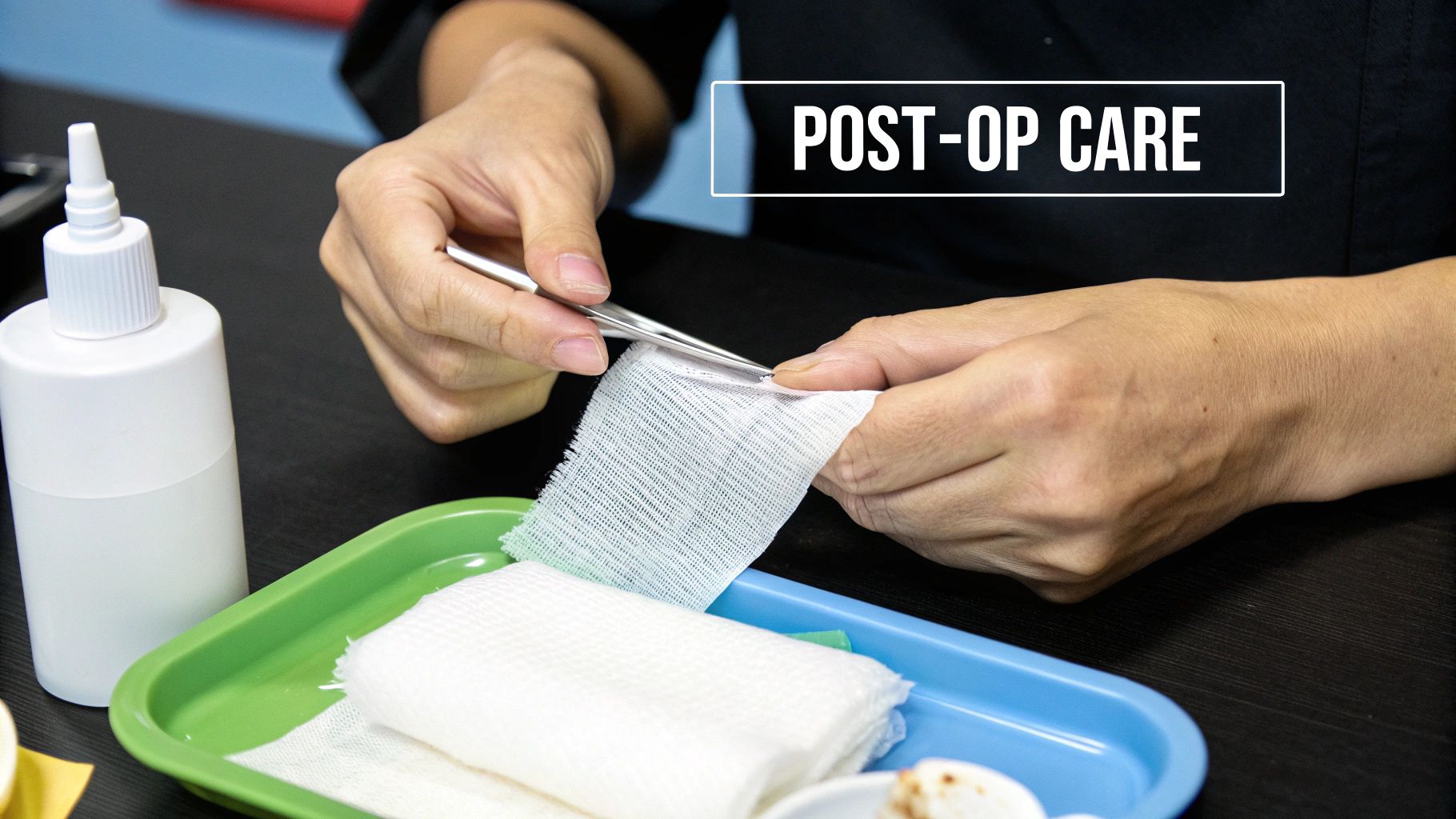 Close-up of hands using tweezers to prepare gauze, with medical supplies for post-operative care.