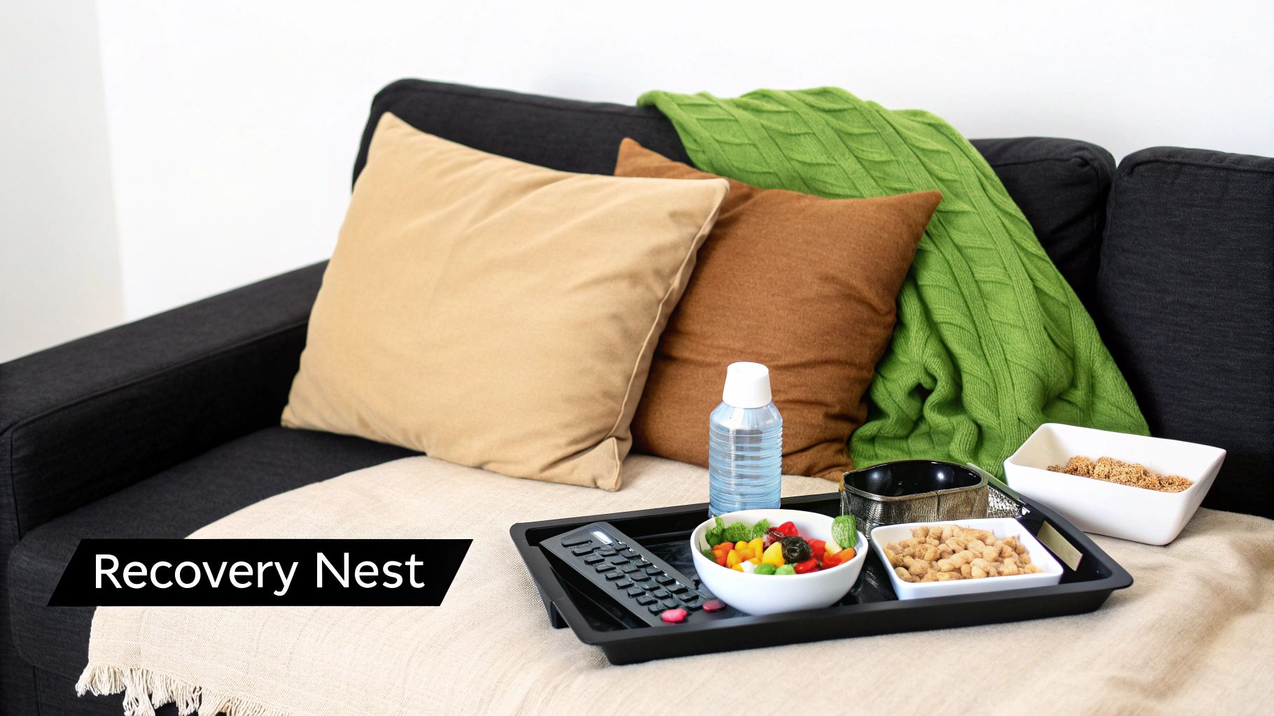 A cozy recovery nest on a sofa with snacks, water, and remote control.
