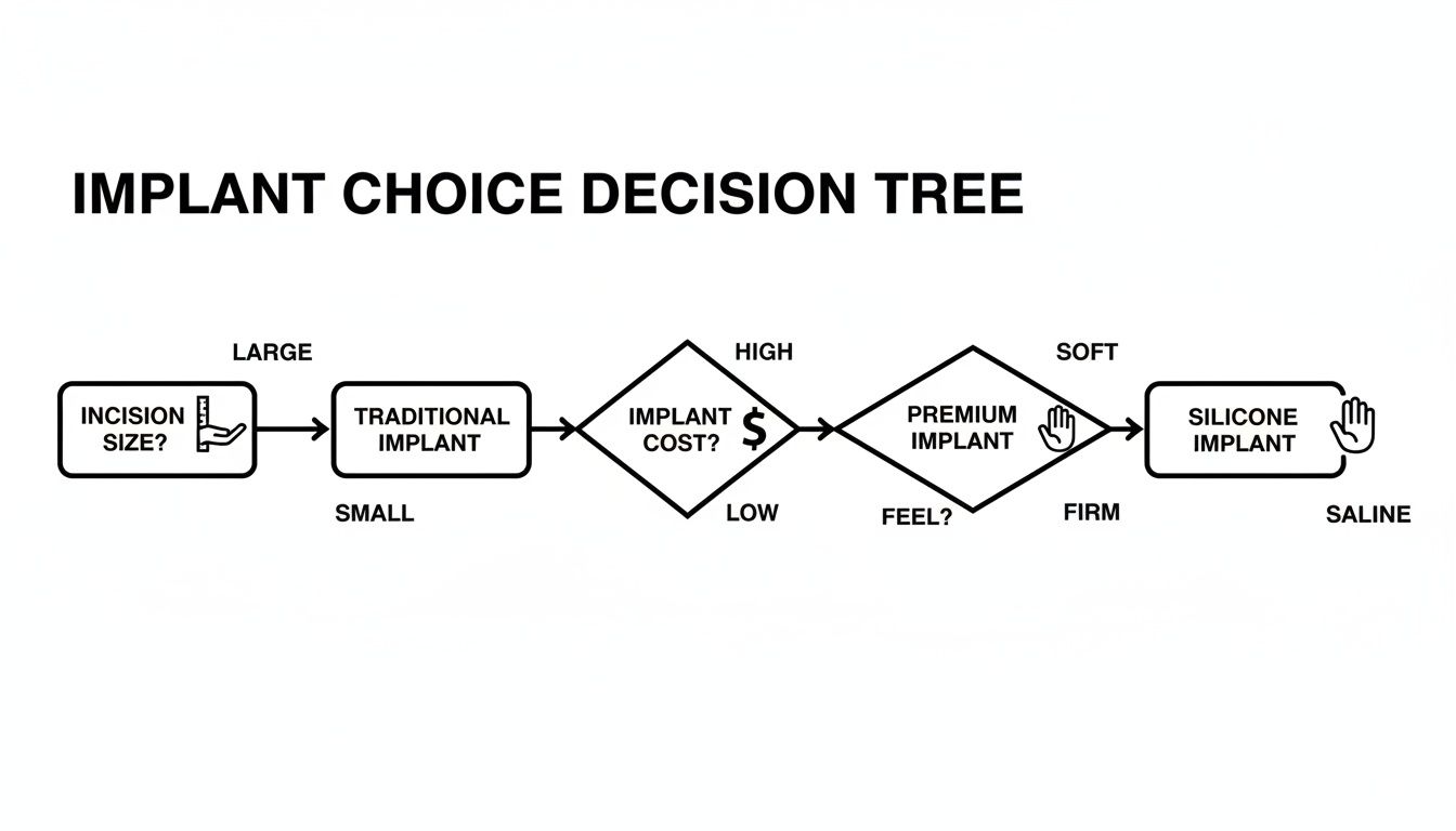 Decision tree outlining implant choices based on incision size, cost, and feel for breast implants.