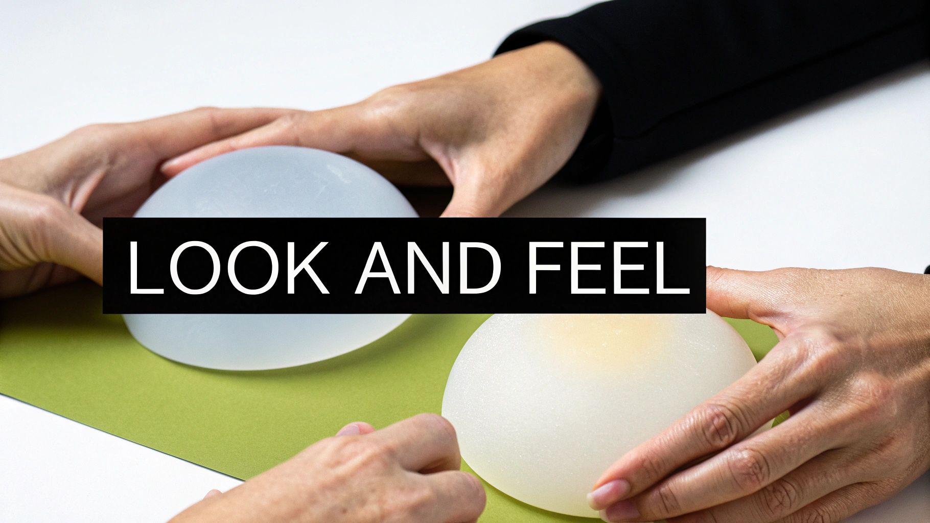 Hands of a doctor and patient comparing different breast implants, focusing on their look and feel.