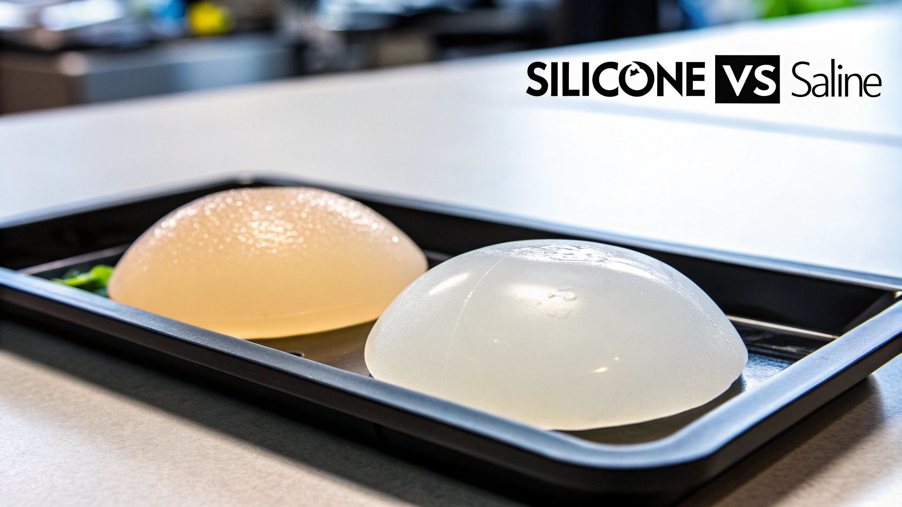 Two breast implants, one silicone and one saline, displayed in a black tray for comparison.