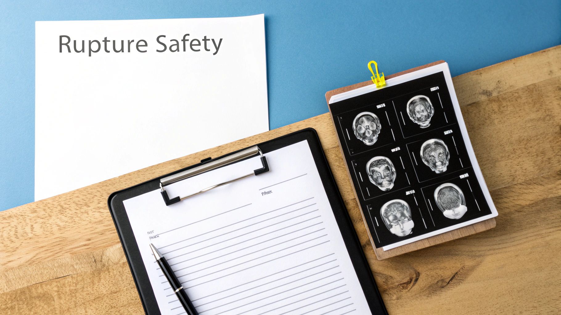 Document titled 'Rupture Safety' next to a clipboard, pen, and medical scans on a desk.